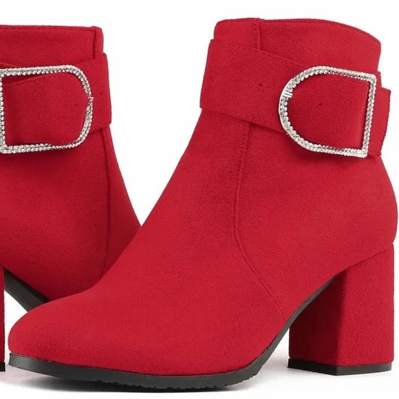 Dream Pairs Shoes - Red suede boots have rhinestone buckle